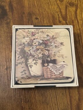 Pat Richter Floral Coaster Set‎ Of 6 Cottage Farmhouse Basket New In Box Cork
